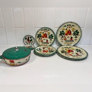 Vintage Childs Kitchen Play set Ohio Art Tin Plates Pots Dutch Farm Lithograph